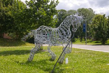 Priscilla, a steel statue of a Gypsy cob horse, outside on campus