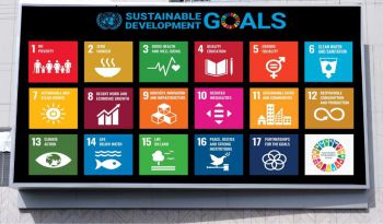 An SDGs billboard in Jakarta, Indonesia in 2023, showing images of sustainable goals