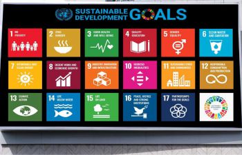 An SDGs billboard in Jakarta, Indonesia in 2023, showing images of sustainable goals