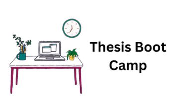 Banner for the Thesis Boot Camp Event, showing a laptop, potted plants, and stationary placed on a table.