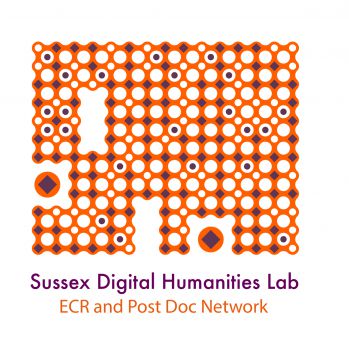 Orange and white abstract image with text Sussex Digital Humanities Lab, early careers researchers
