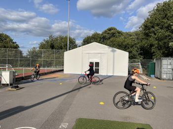 Group of cyclists practicing