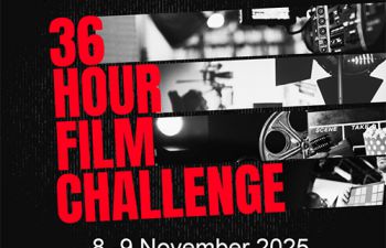 36 Hour Film Challenge 2025 poster- event is 8 - 9 November 2025. Text reads: How long does it take to make a film? What happens when you have 36 hours?