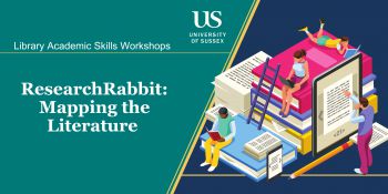 A colourful graphic featuring an image of three people researching using books and a tablet. The text reads 'Library Research Skills Workshops' and is positioned above The University of Sussex's logo.