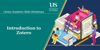 Library Workshop graphic with students studying using various resources