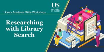 Library Workshop graphic with students studying using various resources