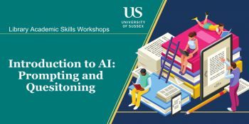 Library Workshop graphic with students studying using various resources