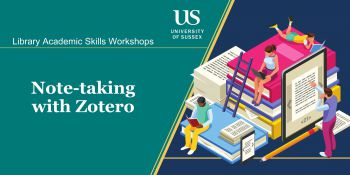 Library Workshop graphic with students studying using various resources