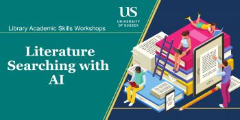 Library Workshop graphic with students studying using various resources