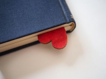 Red heart tucked into a blue hard back book
