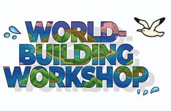 blue and green text saying world building work shop with birds flying around the text