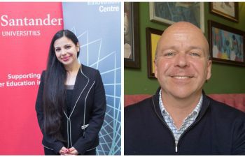 Left: Mentee Cristina stood in front of a Santander Universities sign. Right: Close up image of mentor Adrian.