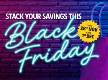Purple brick background with 'Black Friday' written in light blue luminescent writing