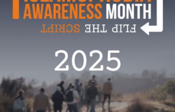 A promotional poster for Islamophobia Awareness Month 2025. At the top, the slogan “Flip the Script” appears in bold white and orange text with curved arrows. Below it, the words “Islamophobia Awareness Month” are displayed prominently in orange and white