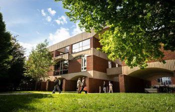 People walking into Falmer building with trees in the foreground