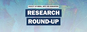 Abstract background of blue brushstrokes with the words Faculty of Media, Arts and Humanities Research Round-up