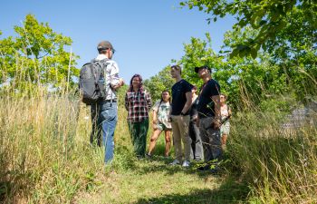 Tutor teaching students outside in the South Downs National Park surrounded by greenery, nature and blue skies