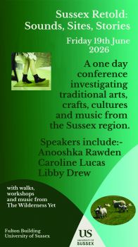 Sussex Retold conference announcement with dancing legs and sheep