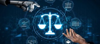 Robot and human hands reaching toward a glowing justice scale surrounded by legal icons