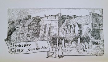 An engraving from 1905 of the picturesque setting of Stokesay Castle in Shropshire