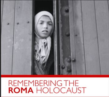 Black-and-white image of a young Roma girl looking out from a train carriage door, with the text “Remembering the Roma Holocaust
