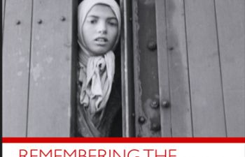 Black-and-white image of a young Roma girl looking out from a train carriage door, with the text “Remembering the Roma Holocaust