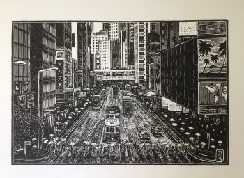 Linocut image of busy Hong Kong street