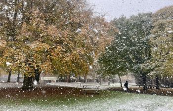 Image shows snow falling on a close-up of auburn trees on campus, with a student out of focus in the right-hand shot of the frame