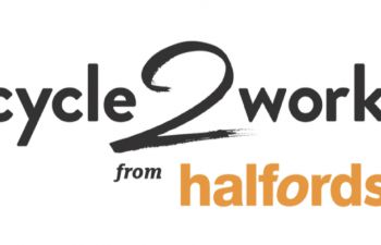 Black text on white background saying 'Cycle 2 Work with' and orange text saying 'Halfords'.