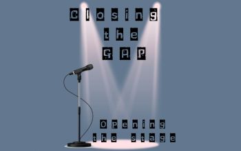 An animated microphone stands beneath two spotlights. The title of the event is displayed across the scene, in block letters.