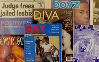 A colourful collage of queer news publications and magazines.