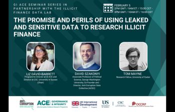 Graphic promoting the GI ACE Seminar Series in partnership with the Illicit Finance Data Lab. Title reads “The Promise and Perils of Using Leaked and Sensitive Data to Research Illicit Finance.” Scheduled for February 5 at 2PM GMT / 3PM CET / 10AM ET / 16