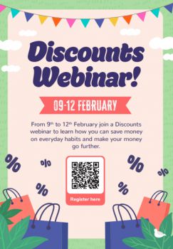 Nude background with green border, with blue and red shopping bags at the bottom, multicoloured bunting on the top and 'Discounts Webinar' written in navy blue in the middle with a QR code to register
