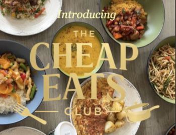 Cheap Eats Club logo over a background made up of various cooked dishes