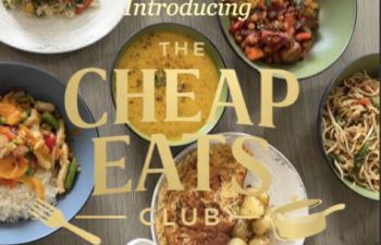 Cheap Eats Club logo over a background made up of various cooked dishes
