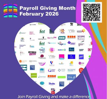 Purple background with white heart in the centre filled with different charity logos, a QR code in the top right corner and text saying 'Payroll Giving Month February 2026' in white at the top