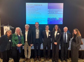 ACE researchers at the launch of the strategy. From left to right: Sue Hawley (Spotlight on Corruption), Dan Haberly, Heather Marquette (SOC ACE Director), John Heathershaw, Tom Mayne, Liz David-Barrett, Robert Barrington, and Maria Nizzero.