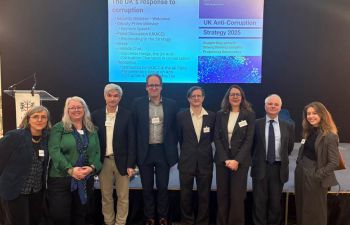 ACE researchers at the launch of the strategy. From left to right: Sue Hawley (Spotlight on Corruption), Dan Haberly, Heather Marquette (SOC ACE Director), John Heathershaw, Tom Mayne, Liz David-Barrett, Robert Barrington, and Maria Nizzero.