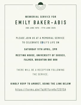 An invitation to Emily Baker's memorial with a link to RSVP