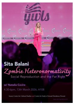 Image of a speaker at a Turning Point USA rally accompanied by event details in pink and purple cursive font