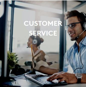 Head and shoulders pictures of two people with headsets engaging with customers over the phone