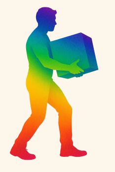 A silhouette of a person carrying a box. The silhouette is rainbow coloured and on a cream background.