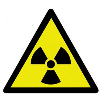 A yellow triangular warning sign with a black outline and black radiation symbol in the centre of the triangle.