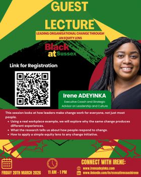 Event poster for a guest lecture on leading organisational change through an equity lens featuring Irene Adeyinka.