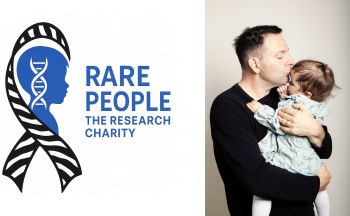 A photo of a dad and his daughter hugging, with rare people written on the left in blue