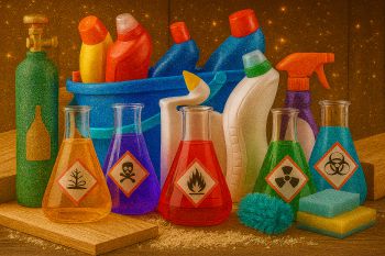 a selection of household cleaning chemical bottles in a bucket, surrounded by chemistry lab bottles and planks of wood with saw dust around them.