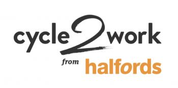 White background, 'cycle 2 work with' written in black and  Halfords' written in orange