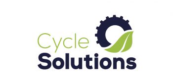 White background, blue bike wheel and green leaf together in the middle, Cycle Solutions written in green and blue
