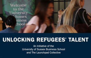 Image still from the video, which show people at the workshop, and a title card that says Unlocking Refugees Talent
