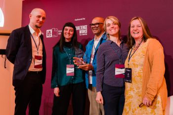 The Animorph team receiving their award, from left to right: Szczepan Orlins, Software Architect & Developer, Hannah Blows, Service & Experience Design, Jon Rowe, Unity Developer, Eszter Muray, Designer, Prof Julia Simner, Lead Scientist.